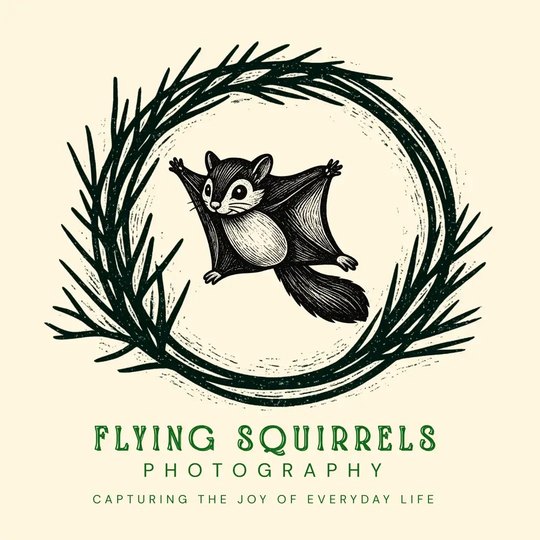 Flying Squirrels Photography logo: a flying squirrel gliding inside a wreath of pine branches. Capturing the joy of everyday life.